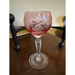 Vintage Cranberry Cut to Clear Crystal Cordial Glass Grapes Stars 5"